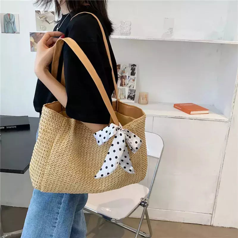 Bolsa de tecido palha casual feminina, cachecol de seda, laço, bolsa de praia, grande capacidade, portátil, sacola para senhora, nova, 1 ombro, verão
