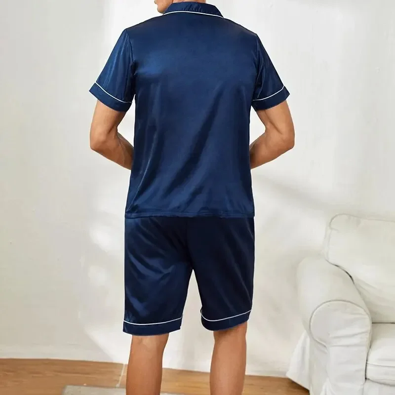 Pijama de cardigã de seda gelada masculino de manga curta, cardigã simples, roupa doméstica pura colorida, tamanho grande, pijamas de duas peças, senior sense