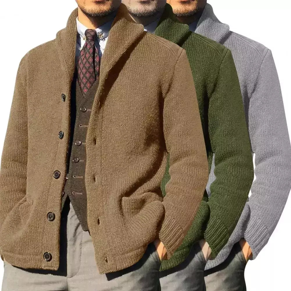 Homens casaco de malha lapela manga comprida bolsos engrossados cardigan camisola masculina outono botões sólidos placket casaco de malha para o trabalho