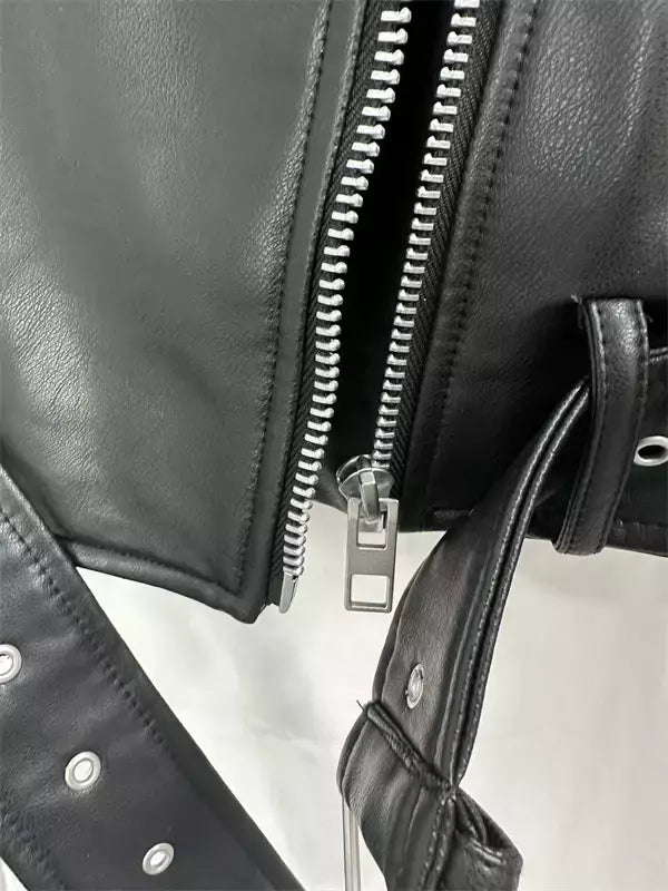 Jaqueta de couro lavada RARF com cinto para mulheres, casaco curto, zíper rebaixado e lapela vintage, cinza de carvão, novo, 2024