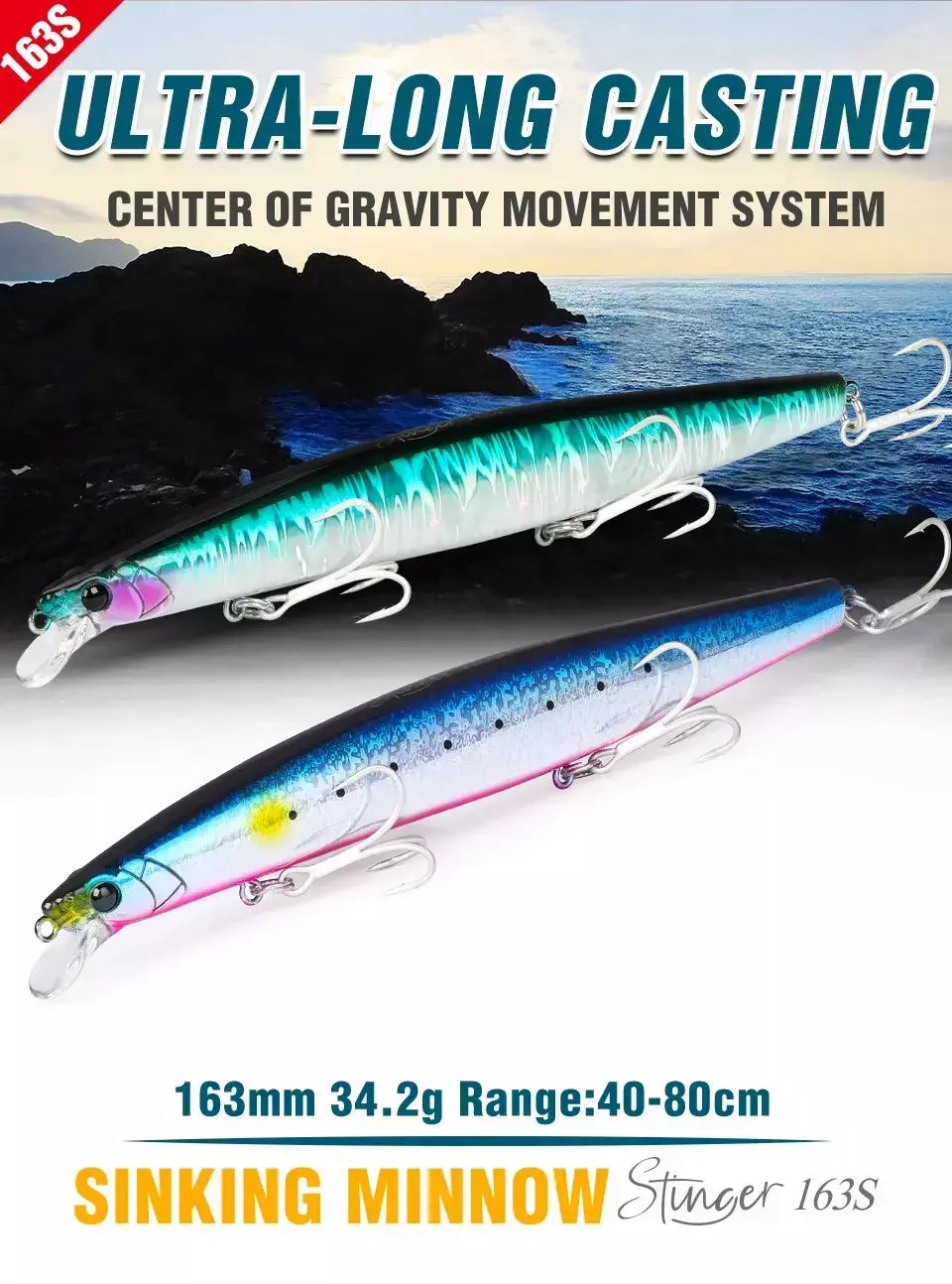 TSURIKNOYA-STINGER 163S-Ultra Long Casting Saltwater Sinking Minnow, Iscas de Pesca, Iscas Artificiais Duras para Robalo, 163mm, 34.2g