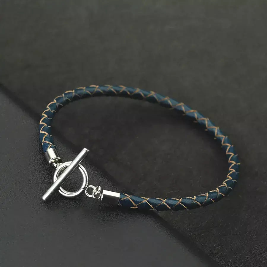 Estilo simples artesanal pulseira de couro genuíno masculino aço inoxidável ot fivela 4mm fino pulseira pulsera de cuero pulseria hombre