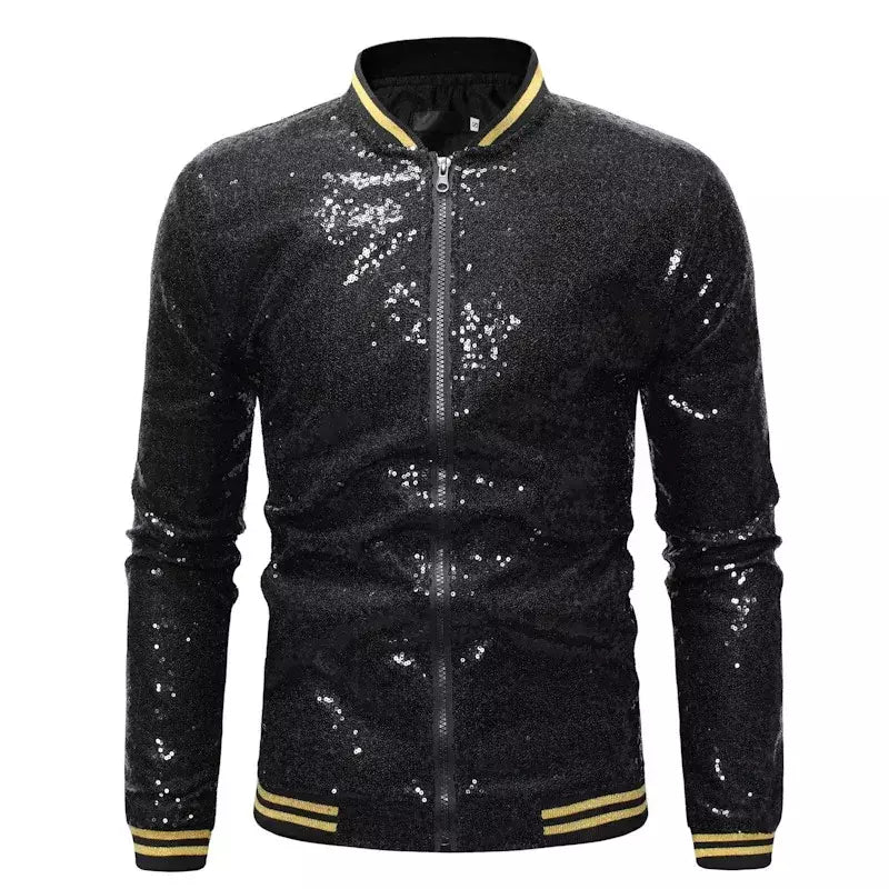Brilhante Sequins Sparkle Bomber Jacket Homens 2023 Mais Novo Ouro Glitter Listrado Zipper Mens Jaquetas E Casacos Festa Dance Show Roupas