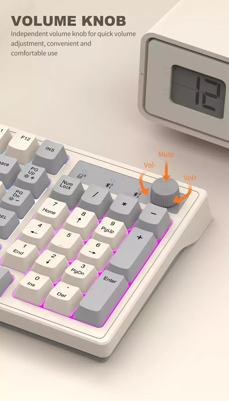 Teclado sem fio multifuncional, Luz do arco-íris, 2.4G, Bluetooth, Conexão de modo duplo, Adequado para computador e laptop, 98 teclas