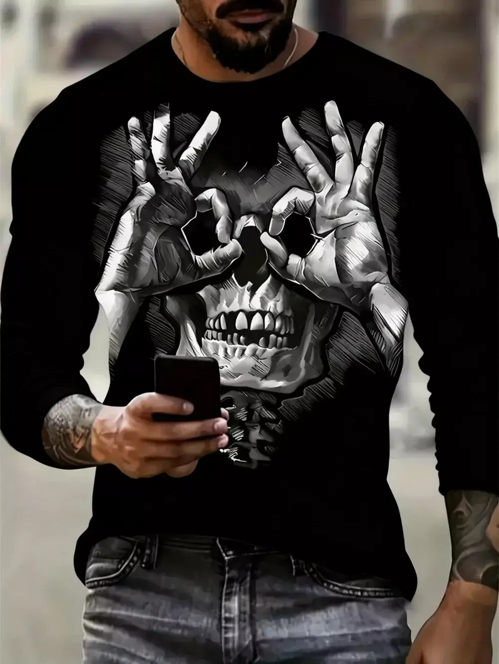 Crânio masculino gráfico t-shirts manga longa esqueleto impressão 3d rua homem t camisa outono o-pescoço casual y2k topo roupas masculinas de grandes dimensões