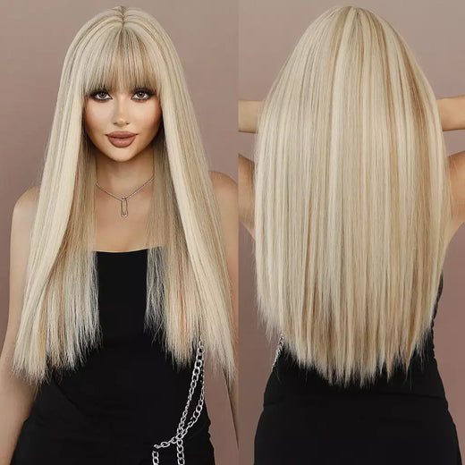 Peruca loira longa e reta para mulheres, festa diária, destaque marrom, perucas de cabelo sintético em camadas com franja, cosplay de halloween