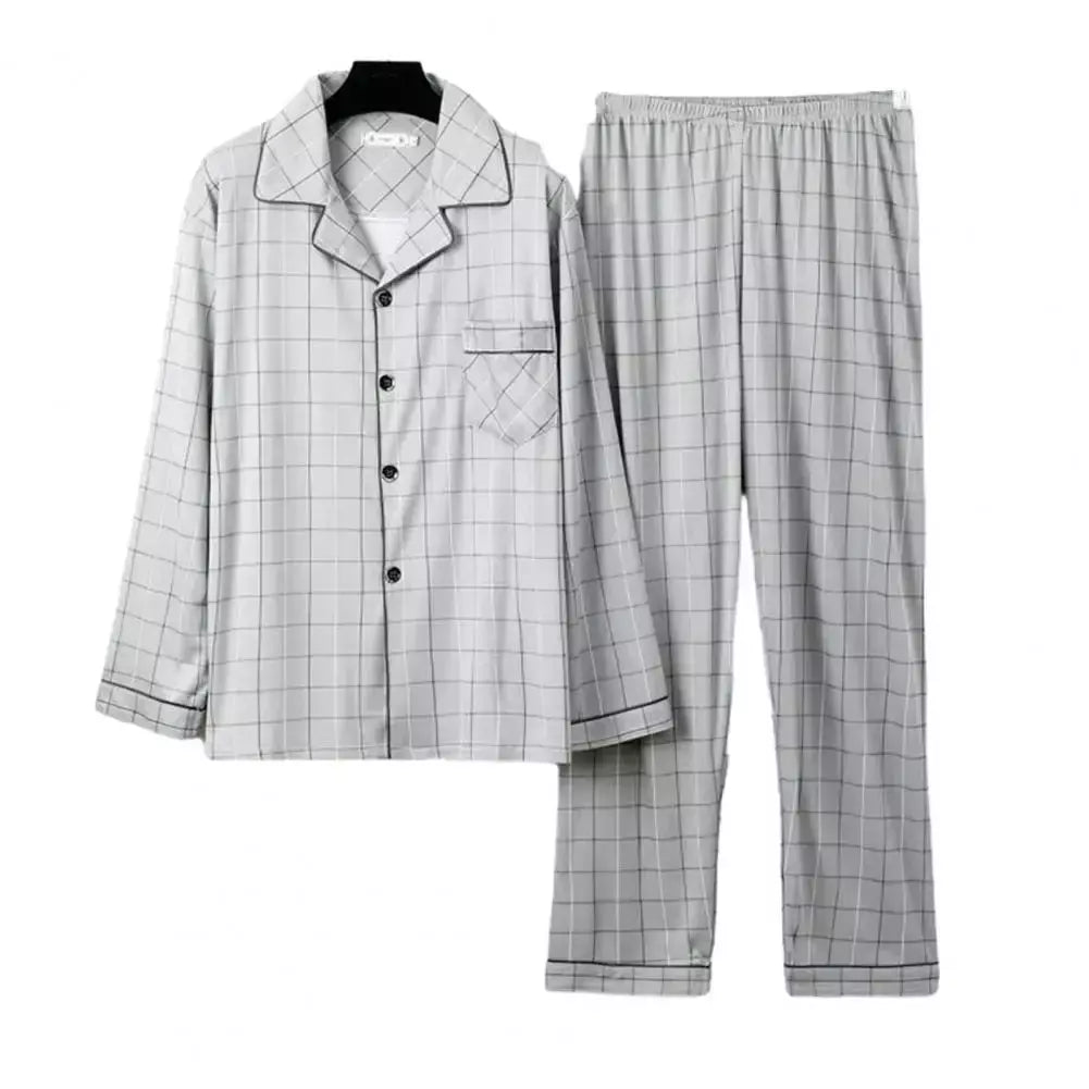 Conjunto de pijama de seda leite confortável masculino, loungewear elegante, estampa xadrez listrada, lapela combinando cores, pijama longo de peito único, outono e inverno