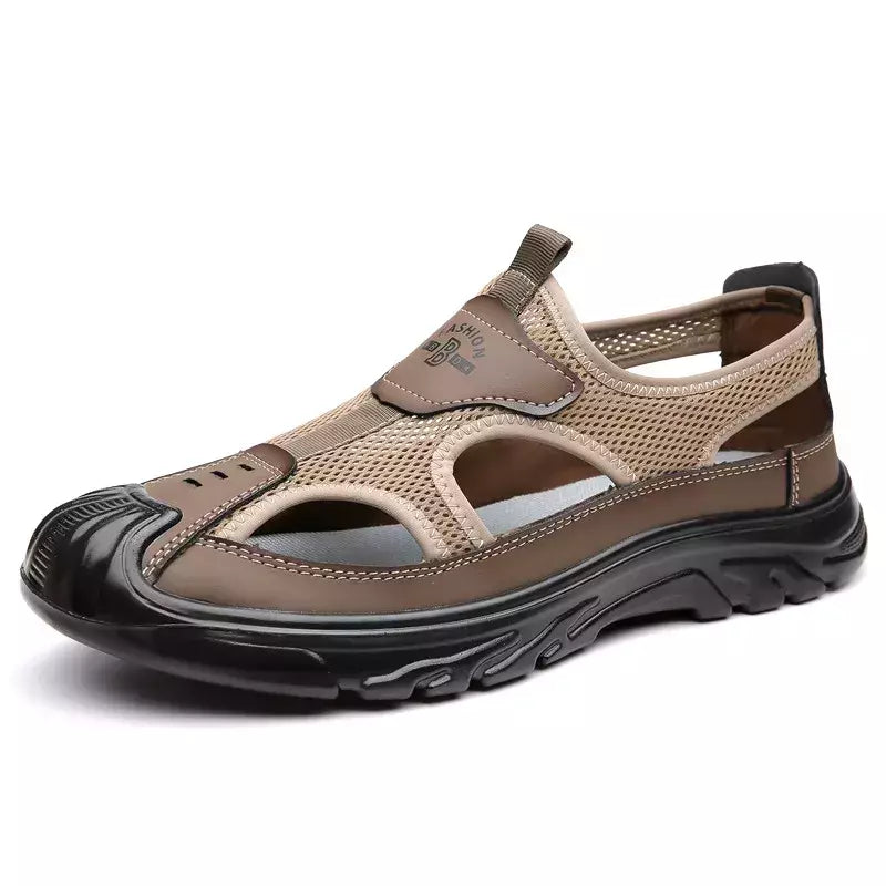 Sandálias de malha respirável para homens, sandálias de praia antiderrapantes, sapatos ocos ao ar livre, calçados flats, verão, novo