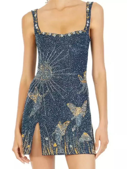 Vestido feminino Sexy Spaghetti Strap, sem encosto, sem mangas, vestidos de fenda apertados, Ladies Luxury Print, Lantejoula, Y2K, Clube
