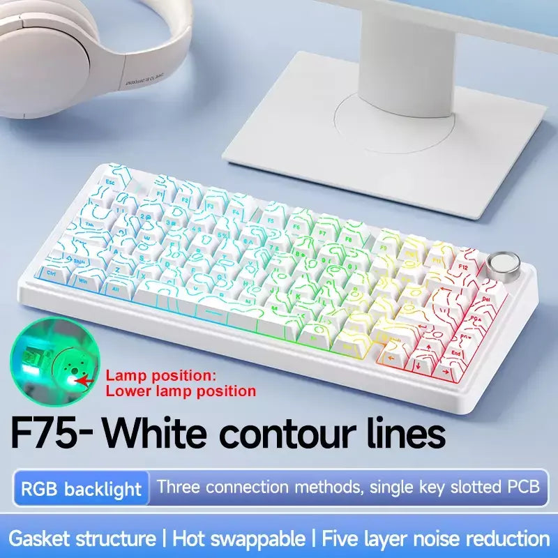AULA F75 2.4G Teclado mecânico para jogos sem fio/Bluetooth/com fio RGB personalizado 75% layout OEM estrutura de junta de perfil