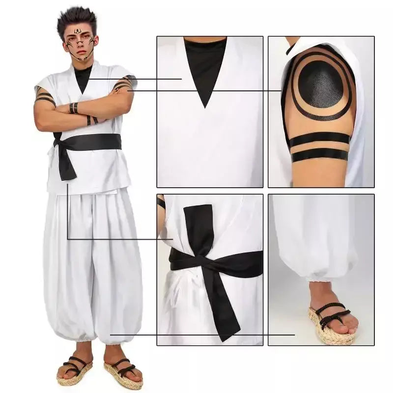 Dazcos ryomen sukuna traje branco kung fu terno com adesivos de tatuagem ryomen sukuna como megumi showdown cosplay traje conjunto completo