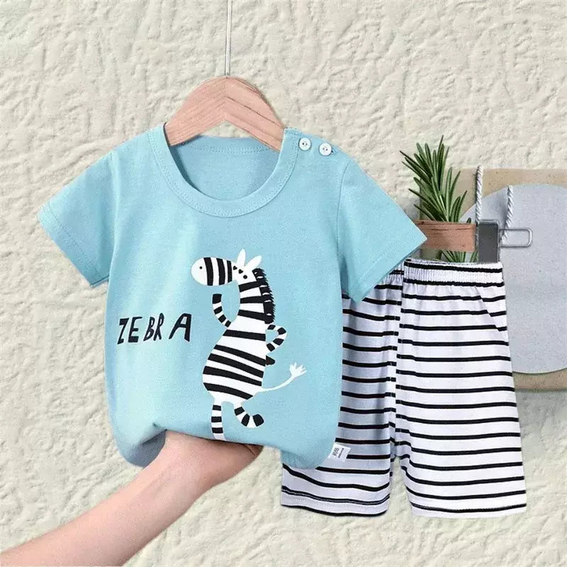 Conjunto de 2 peças e shorts para crianças, pijama de algodão com desenhos animados, zebra, impressão de dinossauro, roupas novas de noite para 1 a 6 anos