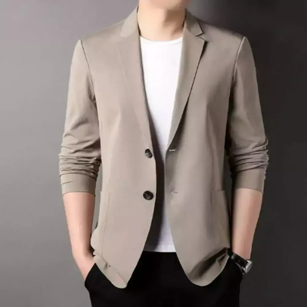 Blazers de negócios monocromáticos masculinos, blazers slim fit, botões duplos, lapela, mangas 3/4, terno de deslocamento, casaco do noivo