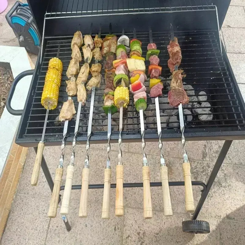 Espetos de churrasco de aço inoxidável alça longa 55cm alça de churrasco de madeira grande vara plana ao ar livre piquenique ferramentas de churrasco