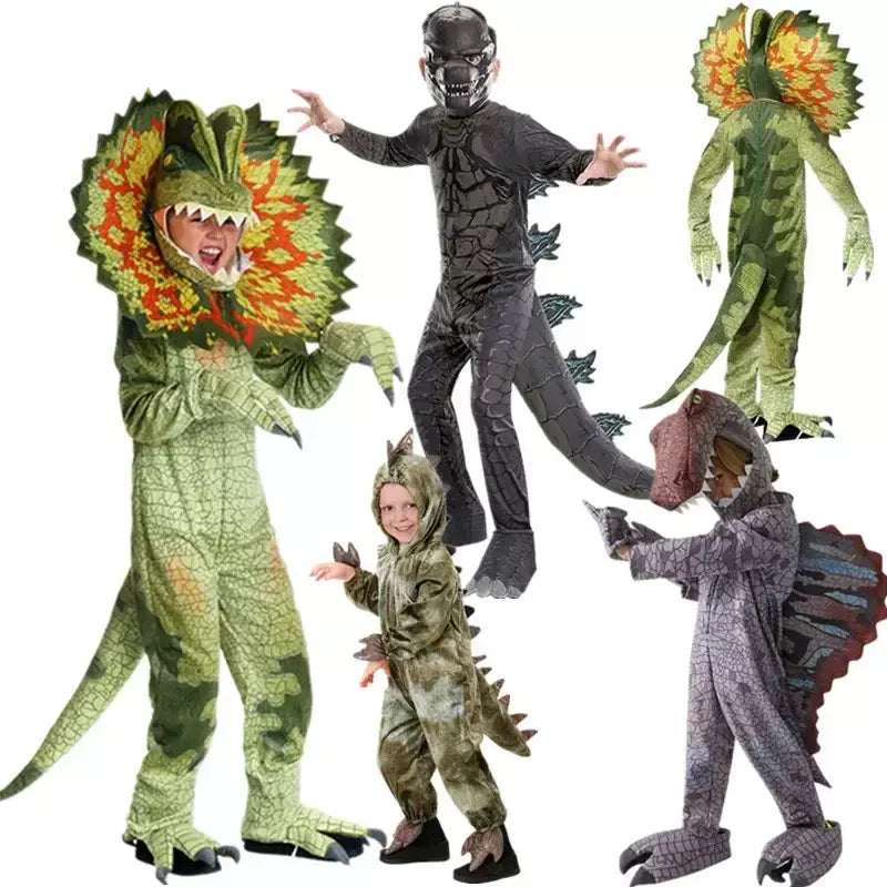 Halloween crianças trajes de dinossauro mundo t-pirannosaurus cosplay macacões palco festa cos ternos para crianças presentes de natal