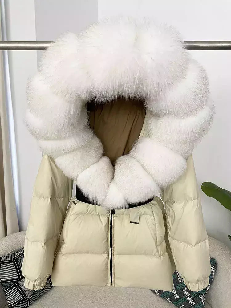 Oftbuy 2024 jaqueta de inverno feminina gola de pele de raposa natural real com capuz grosso quente 90% pato branco para baixo casaco feminino streetwear casual