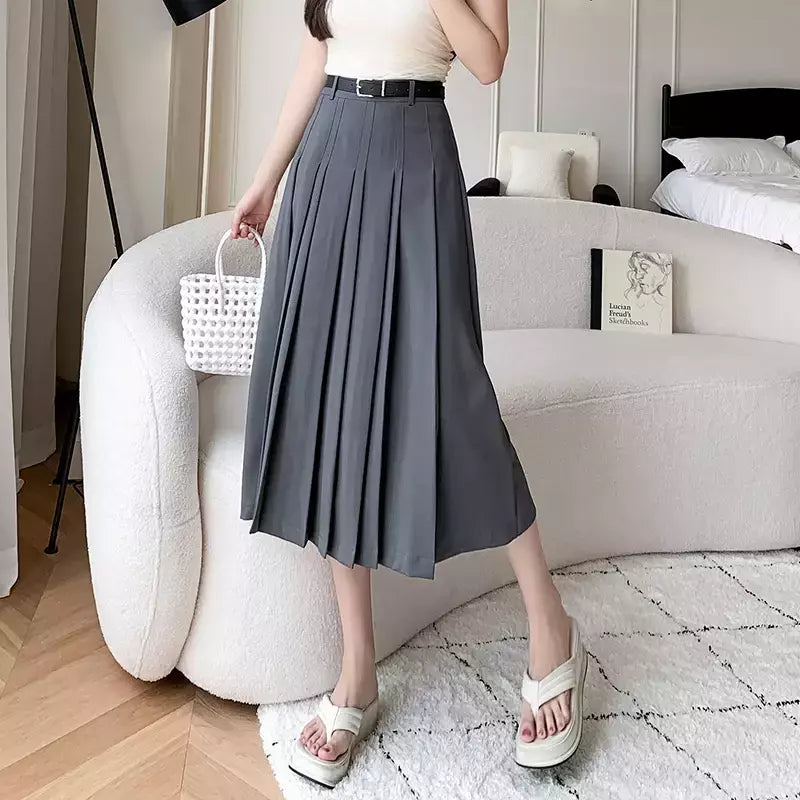 Saia plissada midi de cintura alta feminina, terno casual linha A, elegante saia de guarda-chuva vintage, moda feminina, primavera, verão, nova