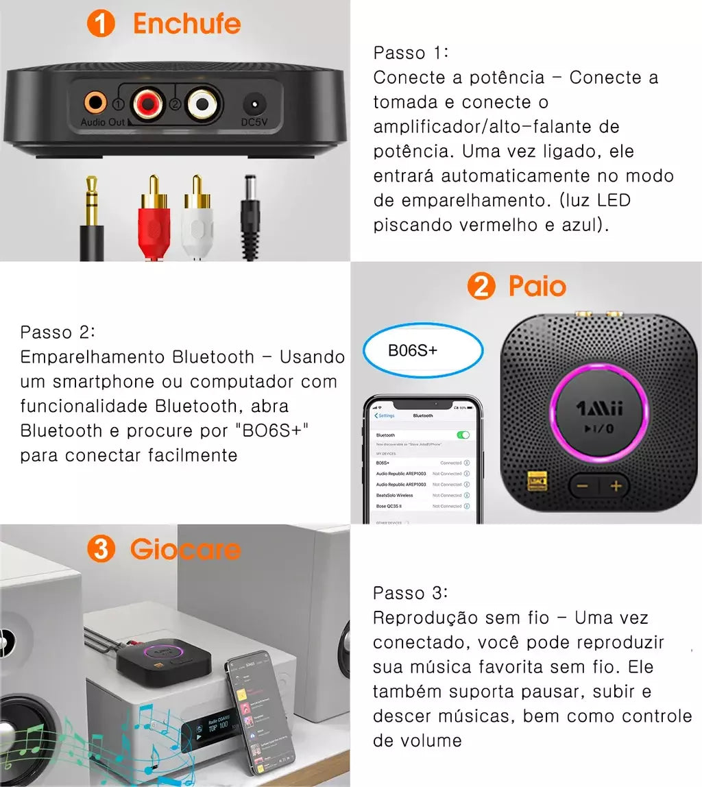 1Mii B06S+ Receptor Bluetooth 5.2, adaptador de áudio HiFi com LDAC Aptx HD&LL, áudio de alta resolução de longo alcance com controle de volume