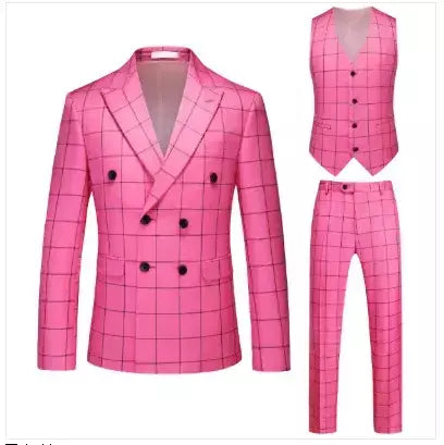 (Blazer + calça + colete) masculino luxo formal ternos de casamento moda masculina negócios social baile festa duplo breasted vestido xadrez 3 peça