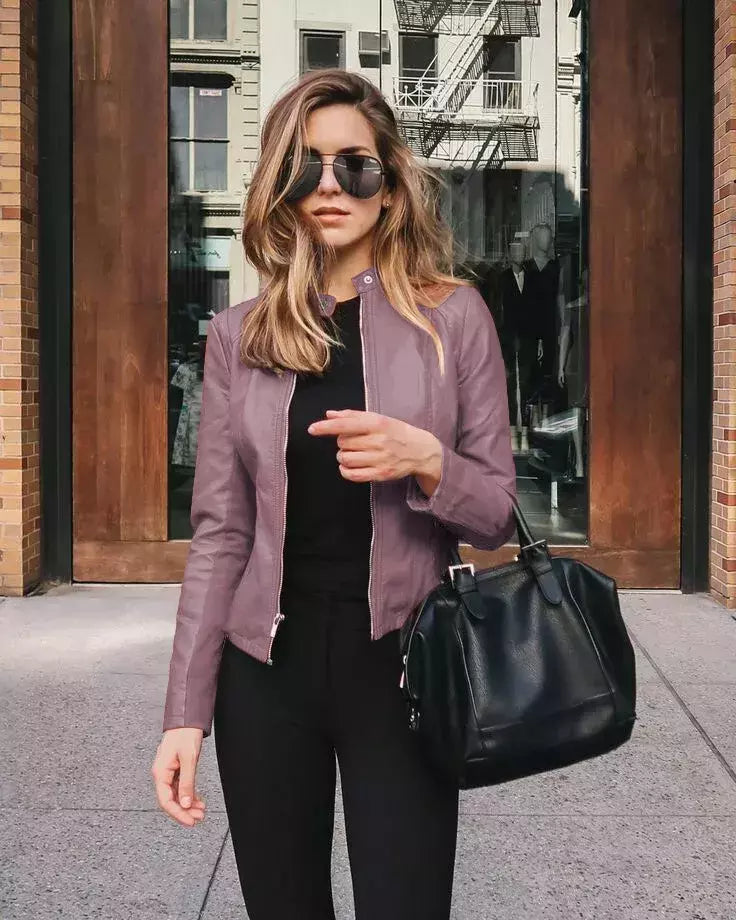 Jaqueta de couro PU feminina com zíper, casaco manga comprida, jaquetas de motociclista, slim fit, monocromática, streetwear casual, moda feminina, outono, Y2K