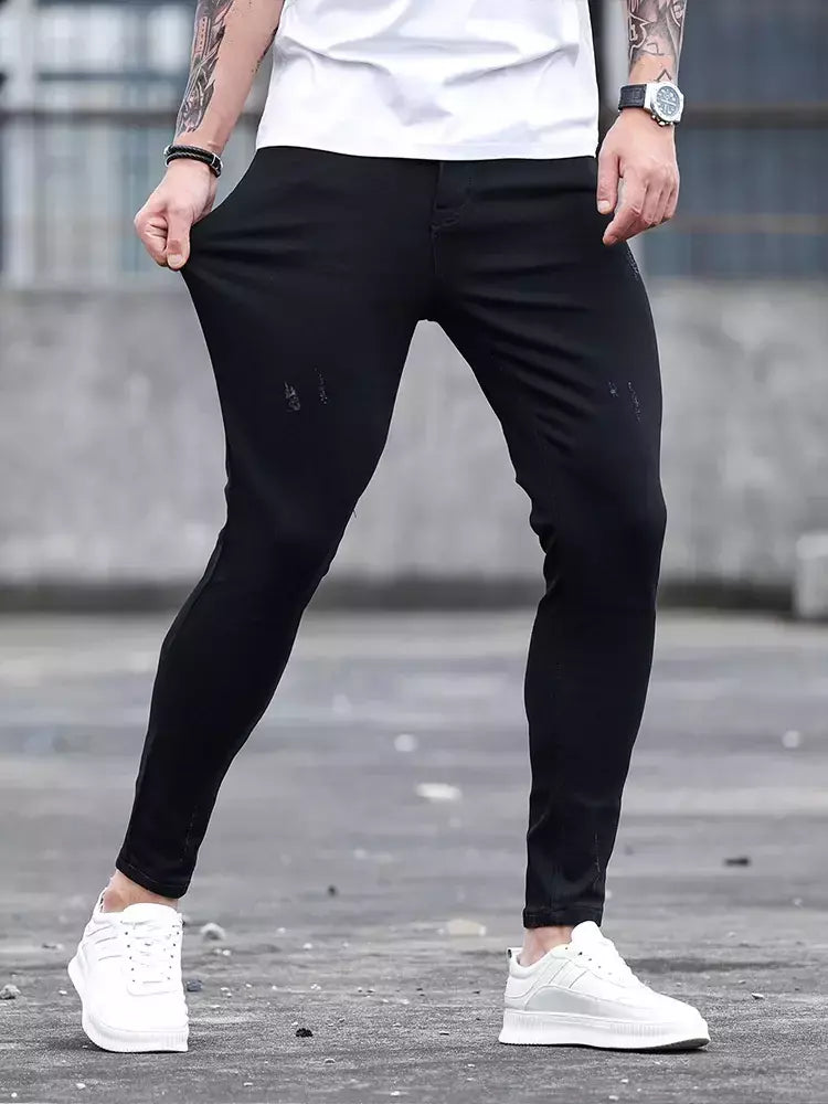Moda masculina rua rasgado jeans preto puro estiramento apertado pequeno pé lápis calças namorado clube roupas denim ropa hombre