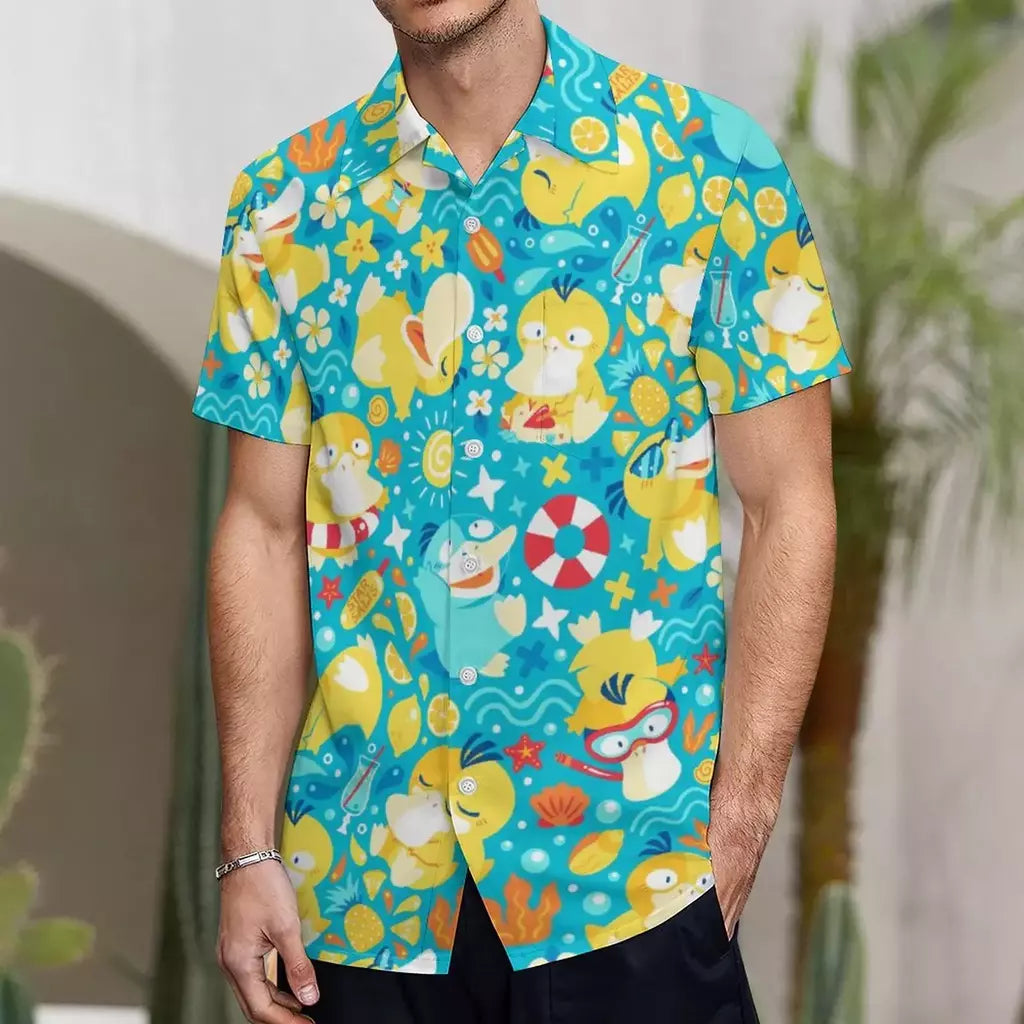 Camiseta havaiana masculina de manga curta, estampa de ovelha 3D, roupas de praia soltas, camisas grandes, verão