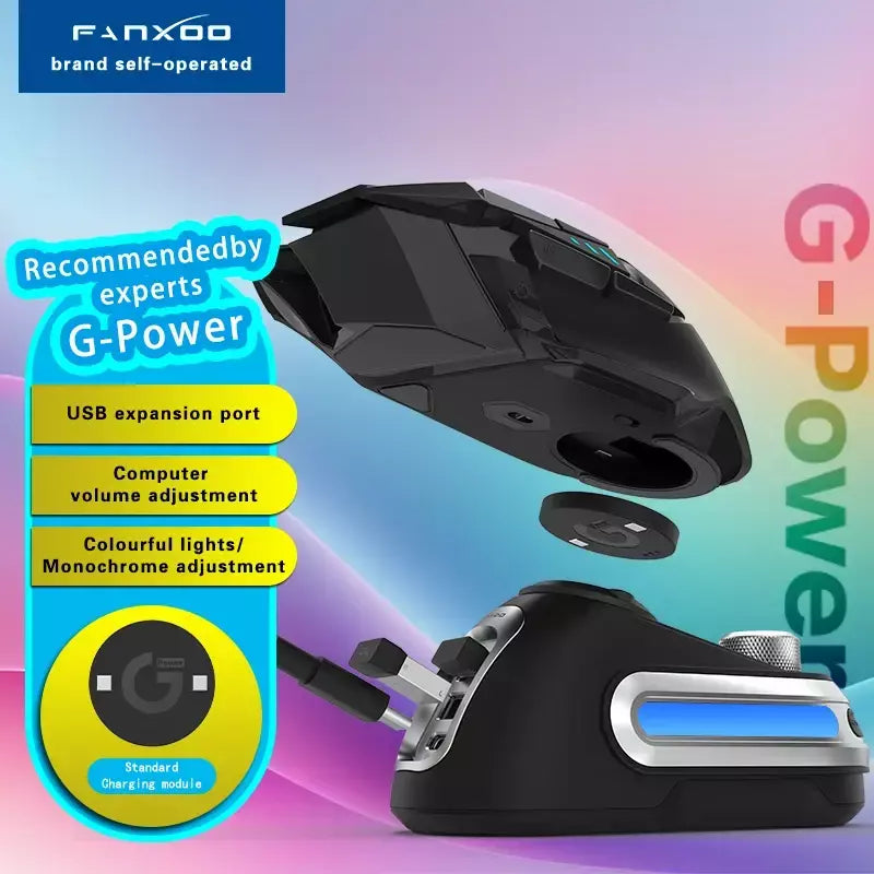 Fanxoo g-power mouse doca de carregamento sem fio para logitech g502 g502x plus gpw g903 com luz rgb botão de controle de volume do computador