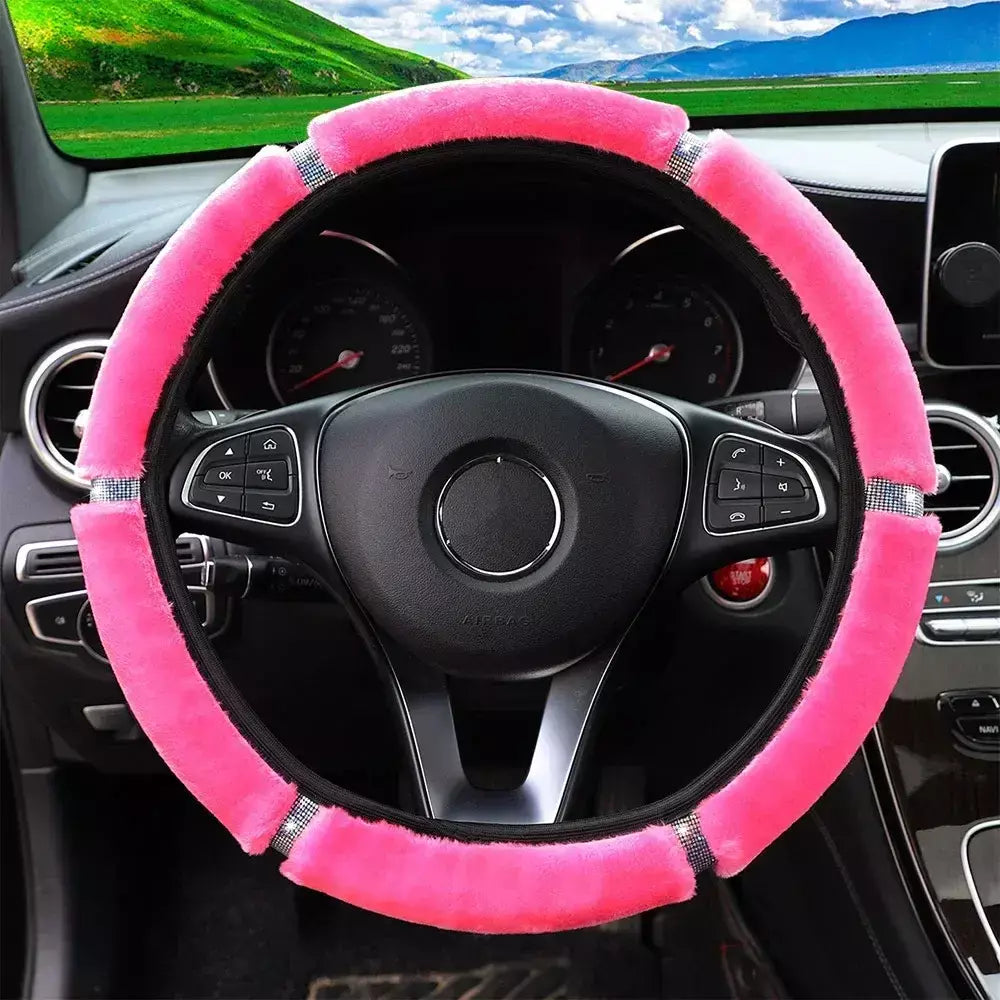 Capa de volante de carro de pelúcia macia strass acessórios interiores de inverno 37-38cm capa de direção estilo de carro para mulher