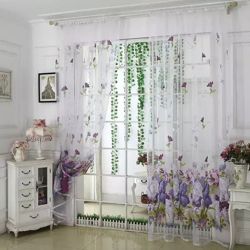 Tule Floral em Cortinas Puras, Tratamento Janela, Painel Persianas, Sala de estar, Quarto, Cozinha, Sombra, Roxo, Peônia