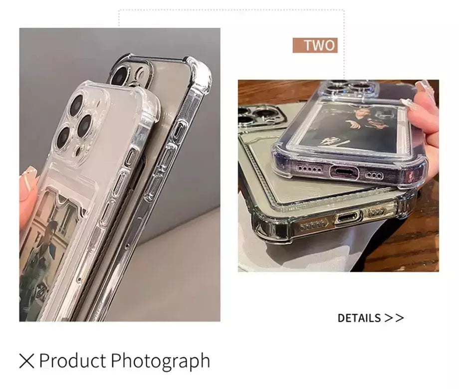 Bolsa de slot para cartão transparente para iPhone, carteira clara, à prova de choque, capa macia, iPhone 16, 15, 14, 13, 12, 11 Pro Max, Mini, X, XR, 7, 8 Mais
