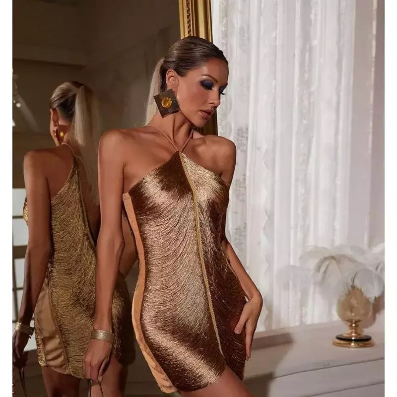 Mini vestido com decote em v para mulheres, Halterneck, Cortar o vestido curto, Decoração assimétrica com borla, Vestidos Patchwork, Moda elegante