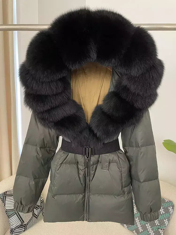 Oftbuy 2024 jaqueta de inverno feminina gola de pele de raposa natural real com capuz grosso quente 90% pato branco para baixo casaco feminino streetwear casual