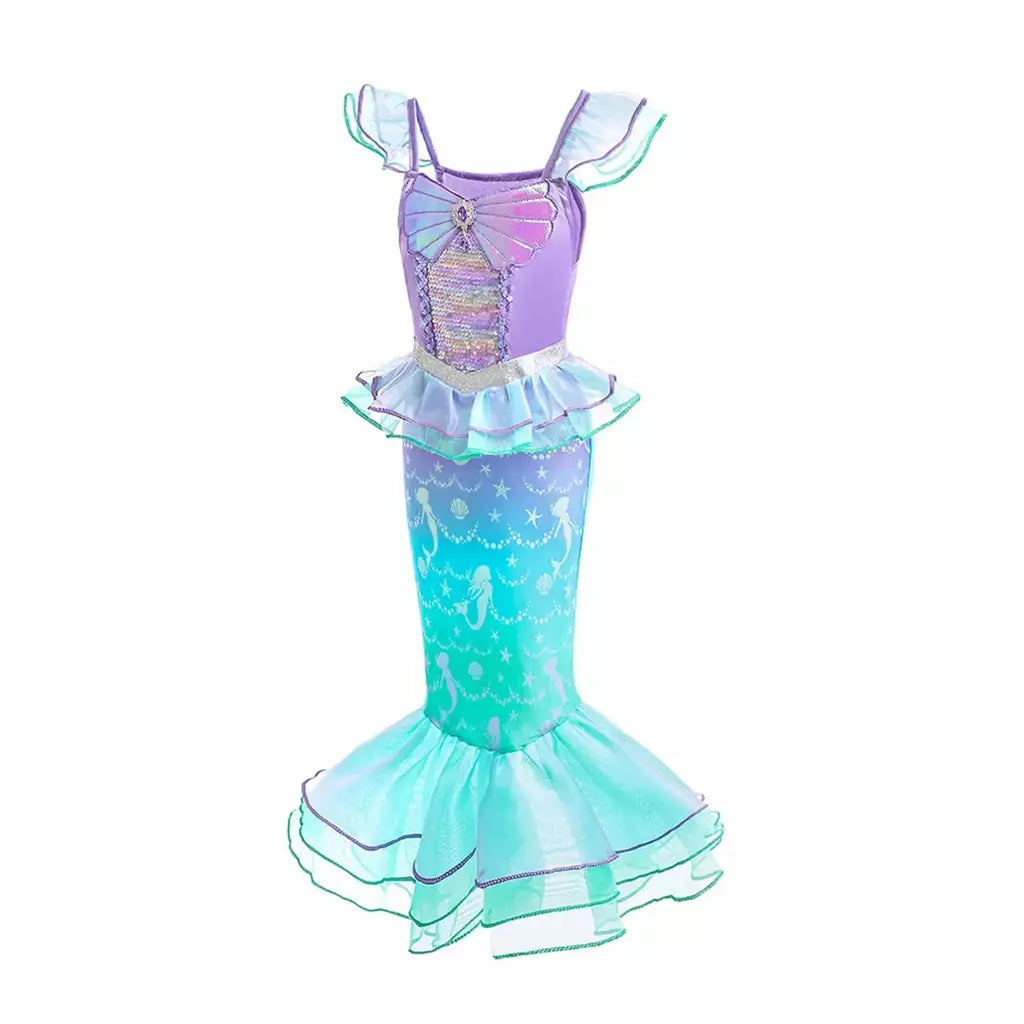 Meninas roxo-azul sereia ariel cosplay vestido de halloween vestido de festa de aniversário meninas praia vestido de férias