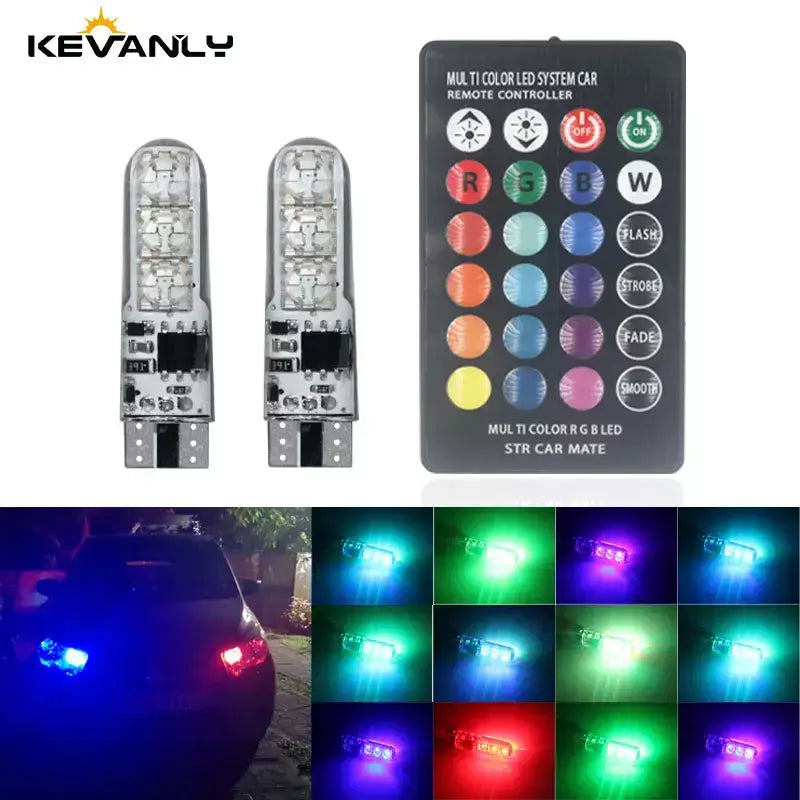 1 conjunto de lâmpadas led w5w t10 12smd 5050 rgb com controle remoto flash leitura cunha luz luzes de folga canbus 194 168 12v