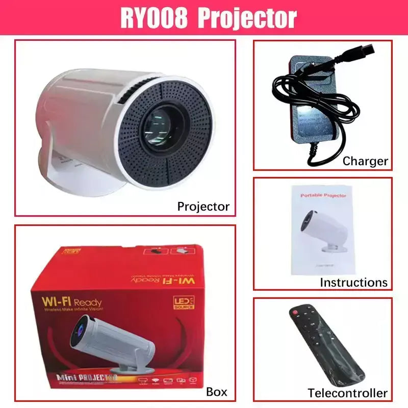 Projetor RUSMR RY008 PRO 4K Android Dual Wifi6 290ANSI Allwinner H713 BT5.0 1080P 1280*720P Projetor de cinema em casa ao ar livre