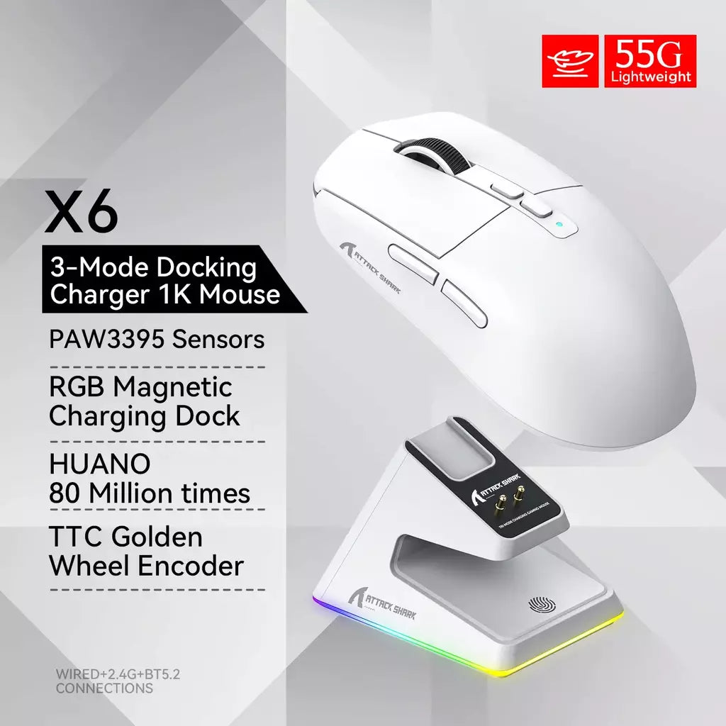 Mouse sem fio Attack Shark X6 PAW3395, conexão tri-mode Bluetooth, base de carregamento magnético RGB Touch, mouse macro para jogos