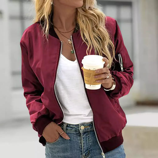 Jaqueta bomber fina feminina, manga comprida, casaco fino, corta-vento casual, gola alta, jaqueta com zíper, monocromática, moda outono
