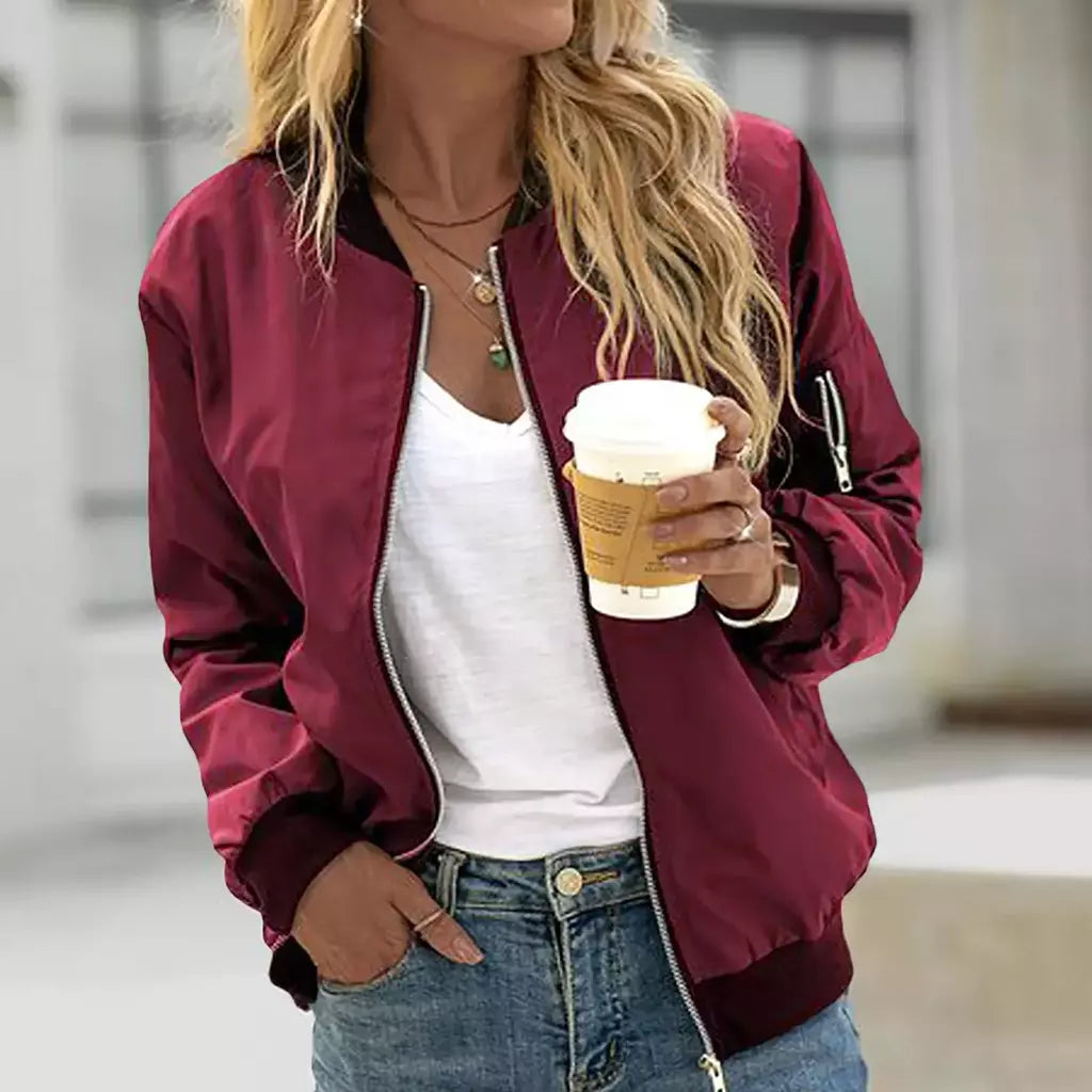 Jaqueta bomber fina feminina, manga comprida, casaco fino, corta-vento casual, gola alta, jaqueta com zíper, monocromática, moda outono