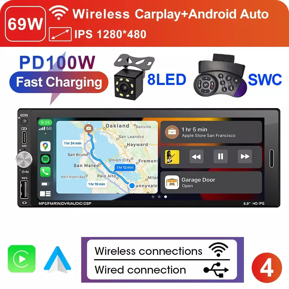 Lehx 6.9 Polegada 1din universal mp5 rádio do carro suporte sem fio carplay android auto aux ips tela de toque reprodutor vídeo multimídia