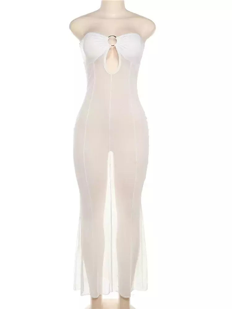 Nibber-Mulheres Ver Através Maxi Vestido Magro, Malha Coquette, Strapless Fit, Festa na Praia, Recreação, Anel De Metal, Patchwork