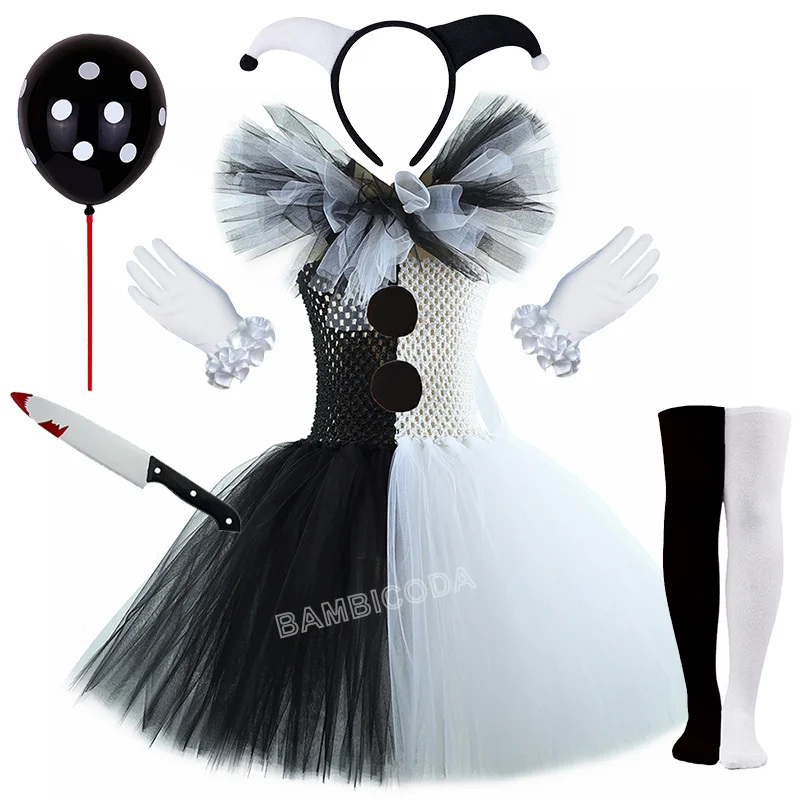 O traje de palhaço terrível arte menina preto branco fantasia tutu vestido horror coringa vestido para meninas trajes de festa de carnaval de halloween