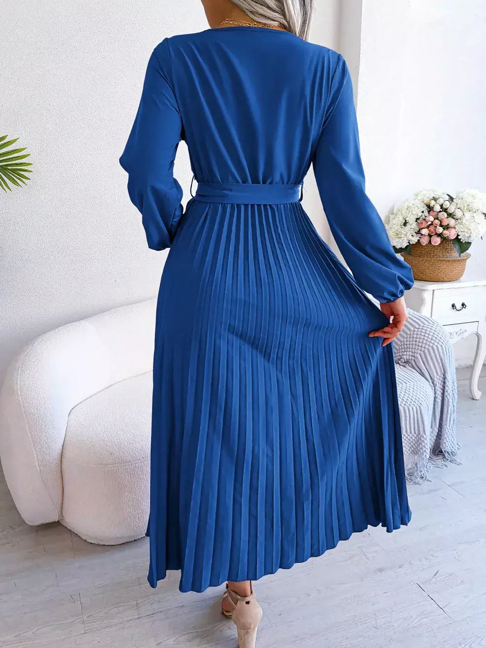 Elegante V Neck manga comprida das mulheres plissado vestido Maxi