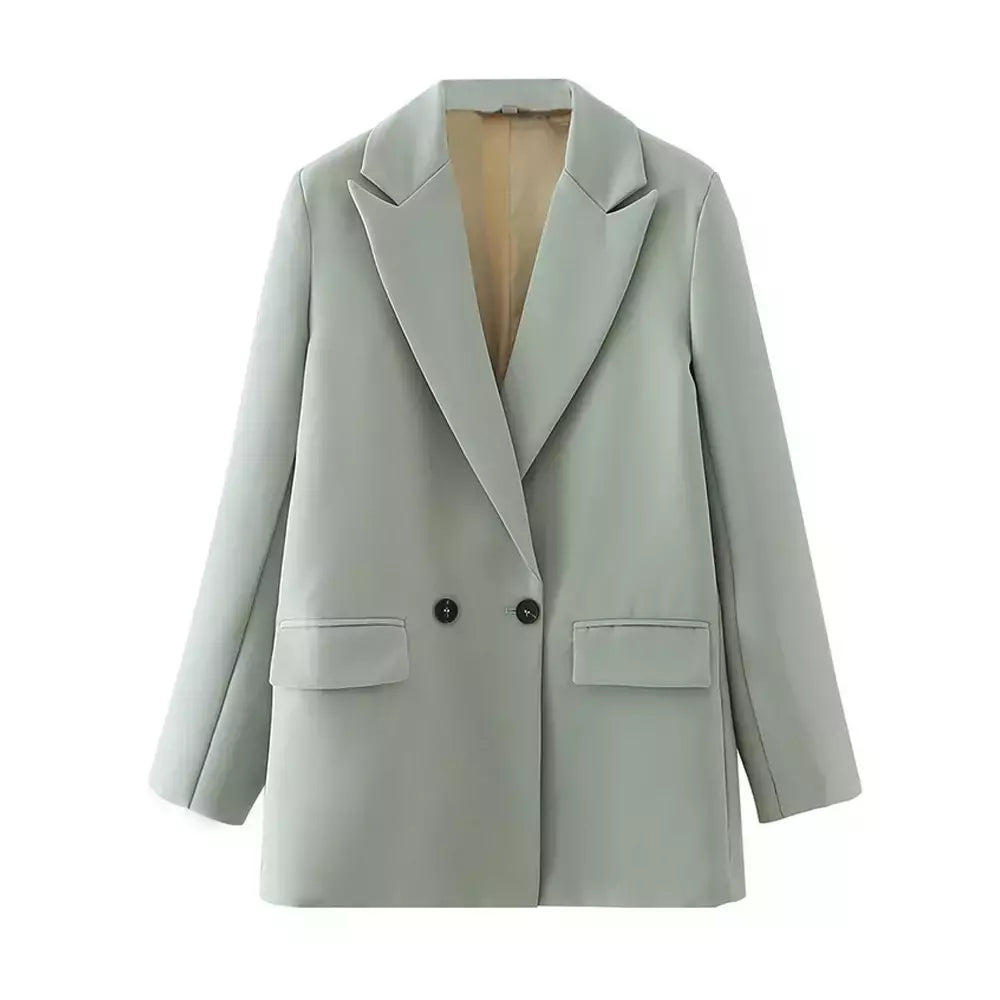 TRAF-Blazer de trespassado feminino, gola entalhada, manga comprida, chique, senhora do escritório, casaco vintage, casacos femininos, tops elegantes, moda
