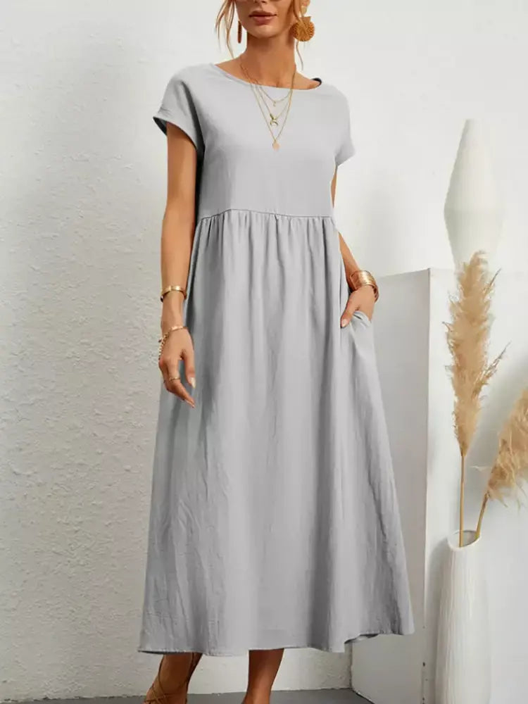 Vintage sólido midi vestido casual manga curta algodão e linho harajuku oversized vestido longo feminino verão y2k maxi vestido de verão 2023