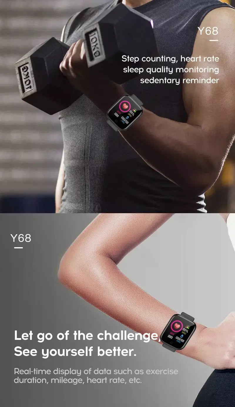 Relógio masculino eletrônico pulseira de fitness smartwatch relógio inteligente y68 d20 monitor sono presente para ios android smartphones despertador