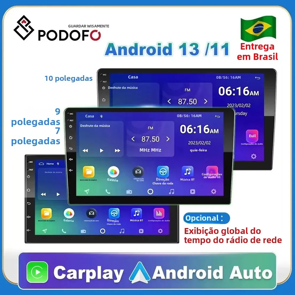 Podofo android 12 rádio do carro androidauto carplay 2 din gps áudio do carro 7 "/9"/10 "wifi bt reprodutor multimídia automotivo para vw ford