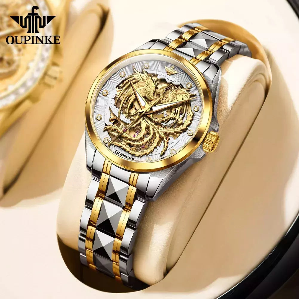 OUPINKE-impermeável relógio mecânico automático para casal, tungstênio tira de aço, movimento importado, dourado, luxo, original