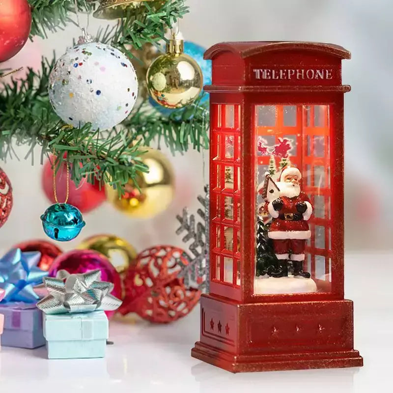 Vintage vermelho luminoso telefone cabine lanterna, árvore de Natal, boneco de neve, Papai Noel estatueta, telefone cabine decoração
