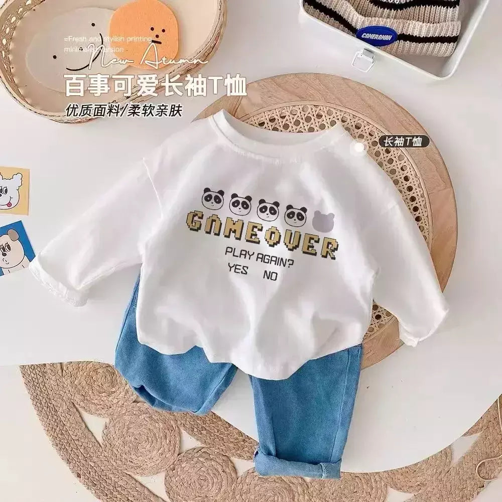Camiseta infantil de manga comprida, algodão puro, camisa base, desenho animado estampado, primavera e outono, bebê, meninos e meninas