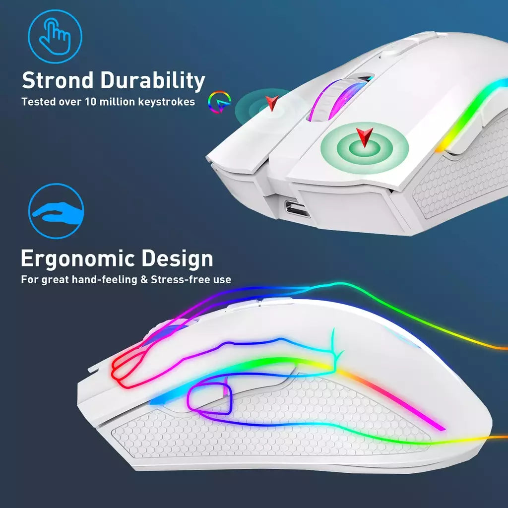 HXSJ-T69 Mouse mecânico sem fio para jogos, 2.4G, RGB, ergonômico, 7 botões programáveis, 4800DPI, Office Gamer